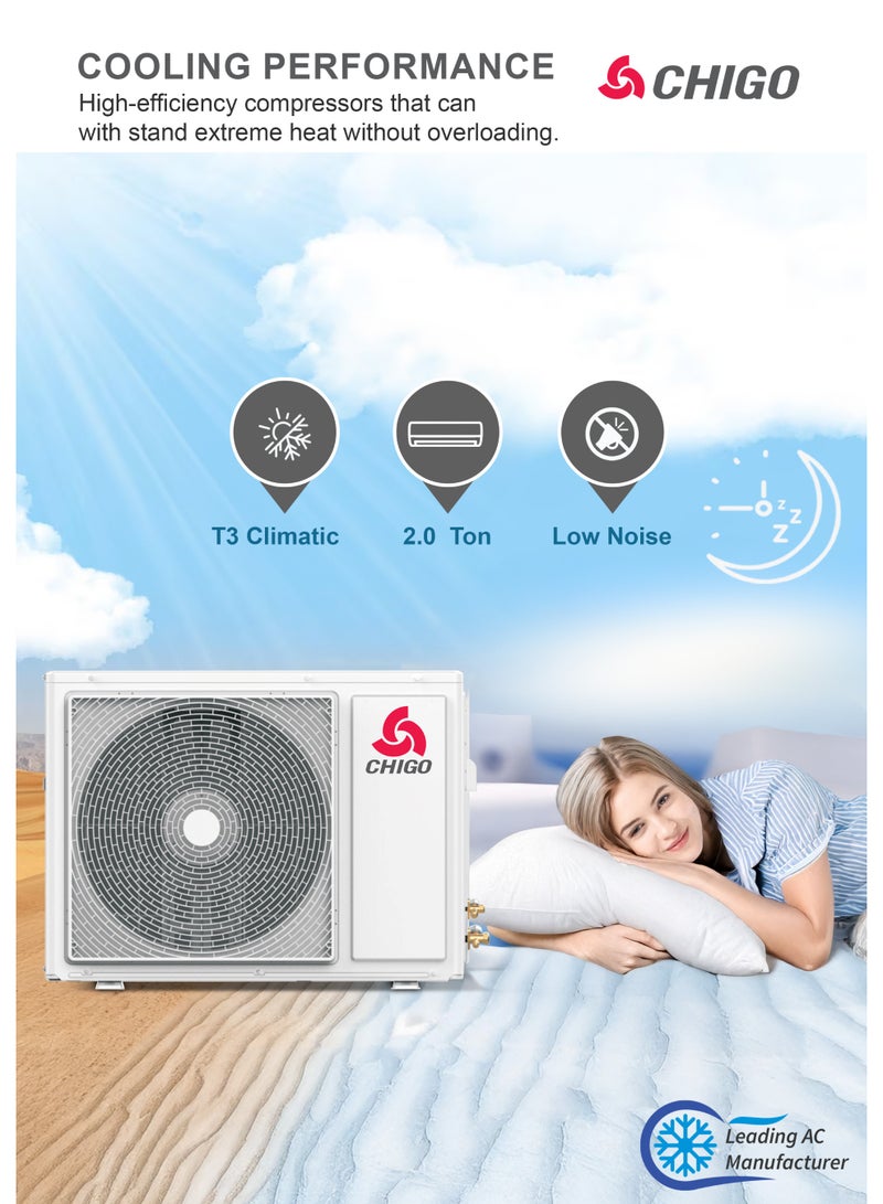 تشيجو مكيف هواء سبليت ٢ طن | ٢٤٠٠٠ وحدة حرارية بريطانية | تبريد فقط | مكيف استوائي T3 | ضاغط دوار | تدفق هواء رباعي الاتجاهات | إعادة تشغيل تلقائية | غاز R410a | زعانف ذهبية - CSA24CON - Image 4